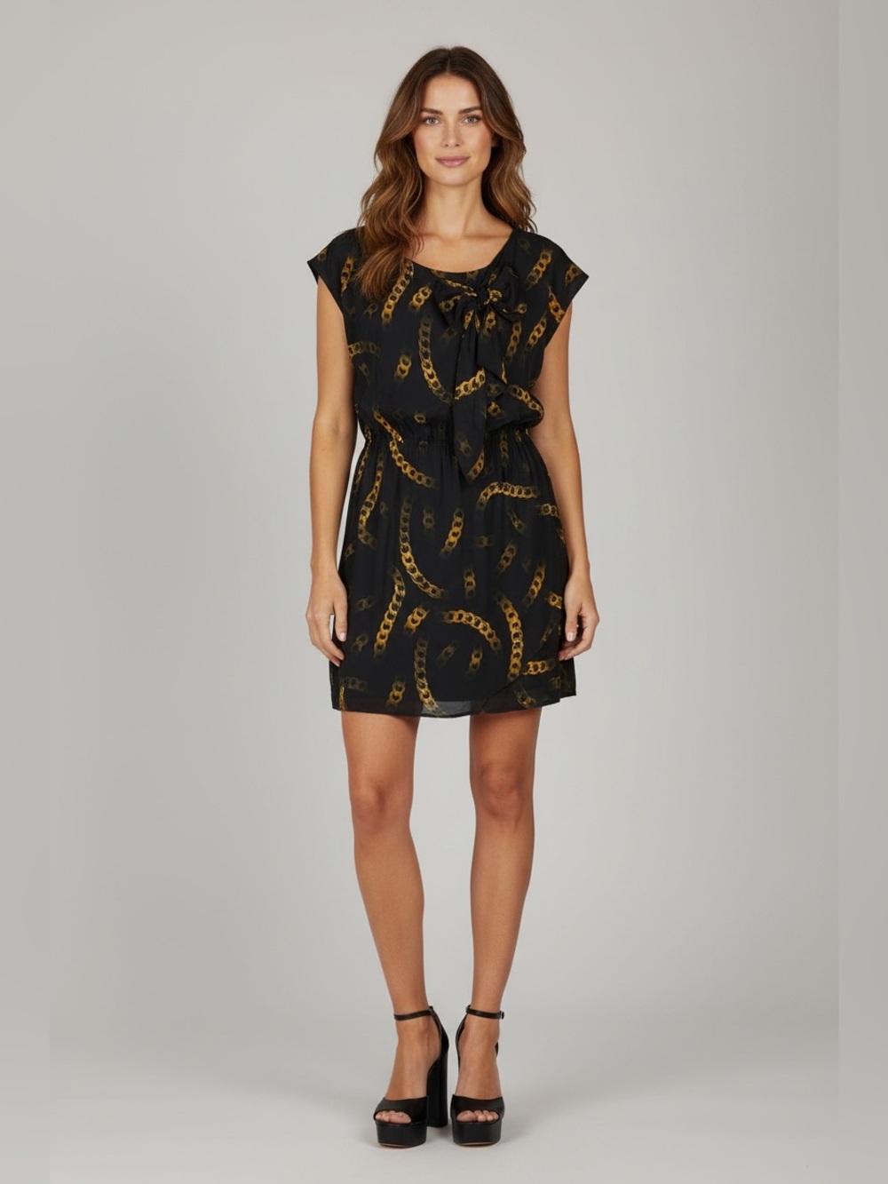 Love Moschino Black Gold Chain Print Mini Dress W/Bow Sz 10 Excellent Condition